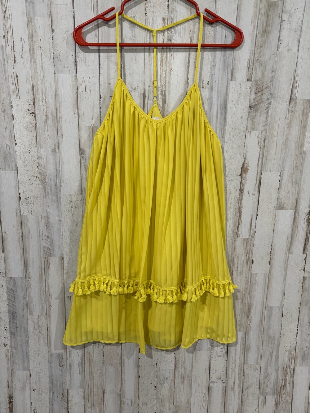 GB Women’s Medium Yellow Boho Tassel Dress Adjustable Straps Flowy Summer Sundre